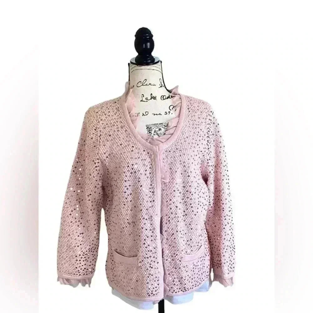 Pink shiny beads embellished ruffle edged neck Catdigan Size M/L
